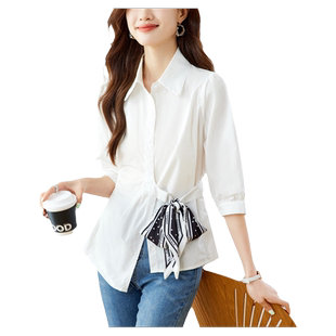 初影 七分袖白衬衫女通勤风设计感小众上衣系带收腰纯棉衬衣上衣
