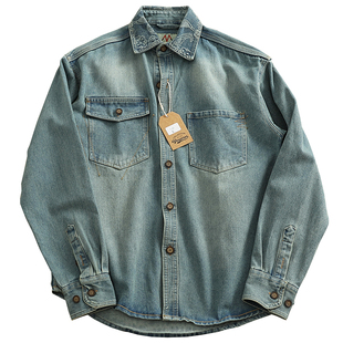 美式复古水洗牛仔衬衫外套薄款男女秋季新款衬衣情侣长袖工装上衣