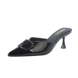 羊皮版2026新款V扣漆皮高跟法式性感尖头半拖鞋细跟凉鞋气质凉拖