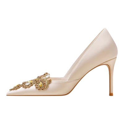 水钻扣缎面尖头高跟鞋女细跟婚鞋