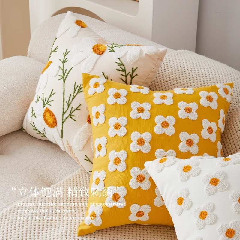美式沙发抱枕刺绣花卉抱枕套不含芯客厅雏菊靠枕套靠背垫田园风