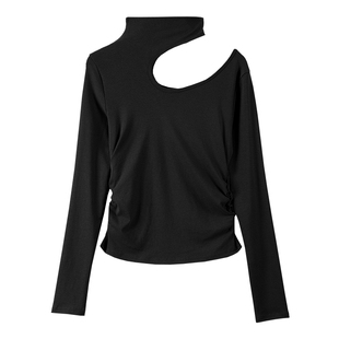 正肩咖色紧身掐腰加绒打底衫女内搭秋冬磨毛加厚长袖镂空爆款上衣