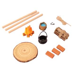 娃娃屋迷你木质篝火吊炉野灶柴堆1:12微景观火焰户外造景装饰摆件