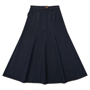 TreesBasic通勤百搭复古深蓝色加绒伞状牛仔长裙女士半身裙休闲