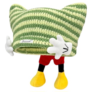 亚比风猫咪耳朵帽子女秋冬y2k条纹针织帽韩版可爱保暖套头毛线帽