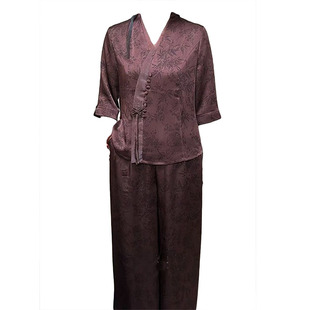 洋气妈妈真丝两件套夏季新款中袖v领旗袍上衣阔腿裤大码贵气套裤