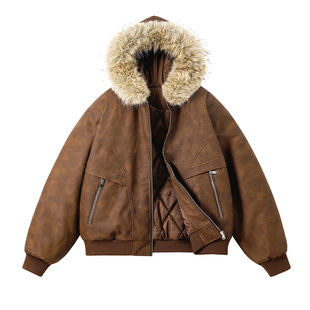 WASSUP座山雕大毛领pu皮棉服男女冬仿水貂绒加厚保暖工装棉衣外套