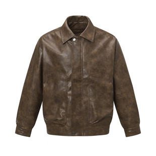 Point lamp日系复古做旧双拉链翻领皮衣男女休闲质感机车夹克外套