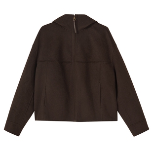 YINER音儿专选2025冬季新款法式利落羊毛羊绒混纺连帽H型短外套