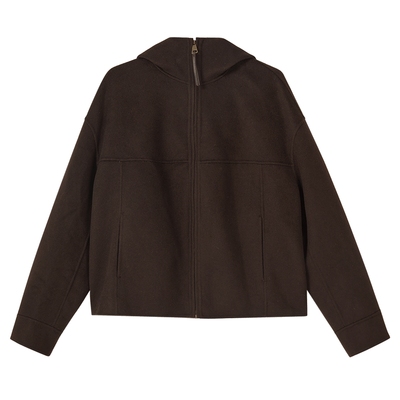 YINER音儿专选2025冬季新款法式利落羊毛羊绒混纺连帽H型短外套