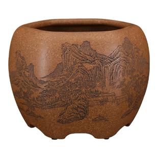 精品原矿段泥六方通转山水刻绘名家许成安米竹琴丝姬翠竹紫砂花盆