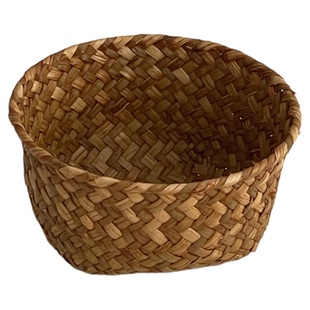 手工编织圆形收纳篮桌面化妆品护肤品草编收纳筐杂物整理置物篮子