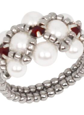 施家珍珠红钻戒指原创手工编织