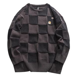 日系潮牌针织衫男秋季宽松圆领长袖毛衣男情侣bf风格子休闲上衣男