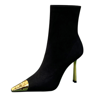弹力瘦瘦靴2025秋冬新款女士细跟黑色靴子加绒法式方头高跟鞋短靴