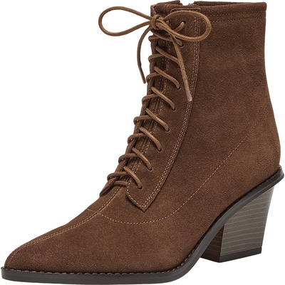 董洁同款真美诗日落时分冬季新款牛绒皮面尖头粗跟短靴西部靴女