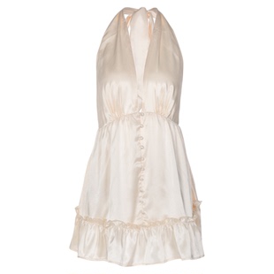 gusty法式纯欲辣妹性感深V挂脖绑带连衣裙海岛度假风露背缎面裙子