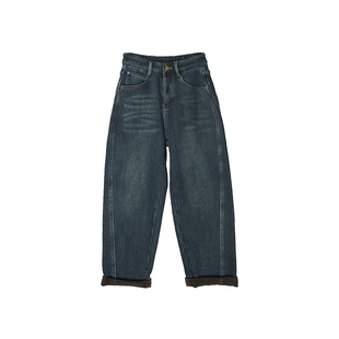 显瘦实力派!~加厚复合绒老爹牛仔裤女秋冬小个子宽松九分哈伦裤