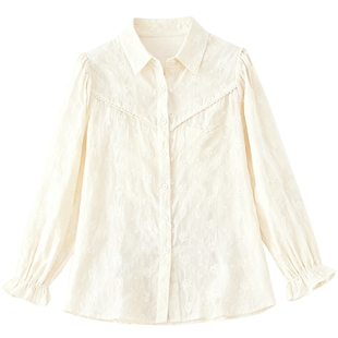 初影杏色绣花衬衫女长袖2026春装新款宽松上衣气质淑女纯棉白衬衣