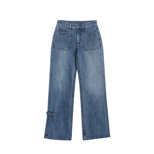 留下 1992 早春复古格调渐变微喇牛仔裤女重工洗水洗休闲直筒裤女