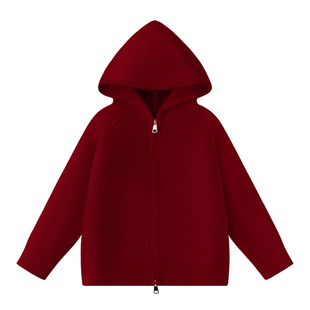 雅鹿女童毛衣开衫春季2026新款大童红色连帽上衣儿童加厚针织外套