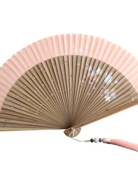 出口日本肉粉色樱花飘零真丝扇