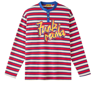 获衣局-美式横条纹撞色小立领宽松慵懒街头日常复古长袖T恤衫男女