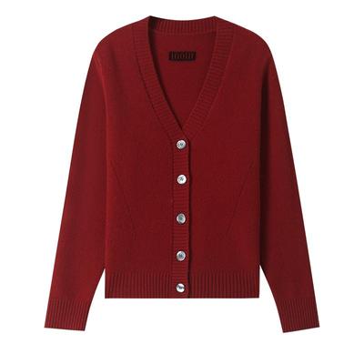 恒源祥春秋季时尚V领毛衫新款短款针织开衫女小个子外搭毛衣外套