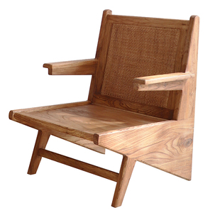 Ni+尼家侘寂风袋鼠椅子实木沙发椅阳台休闲躺椅藤编民宿老榆木椅