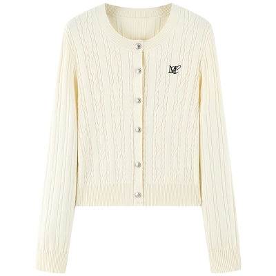 太平鸟 miu圆领绞花针织开衫女士秋品质软糯格雷系针织毛衫外套*