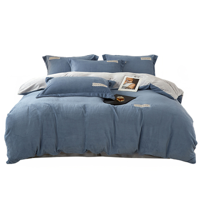 红豆纯色刺绣牛奶绒四件套秋冬加厚珊瑚绒床单被套双面加绒三件套