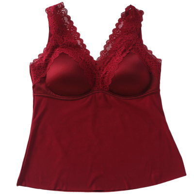 法式蕾丝V领磨毛保暖吊带背心