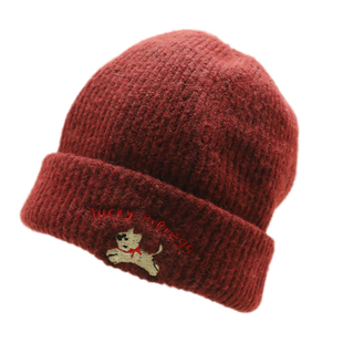 韩版ins可爱刺绣针织毛线帽女加厚保暖秋冬新款显脸小包头帽白色