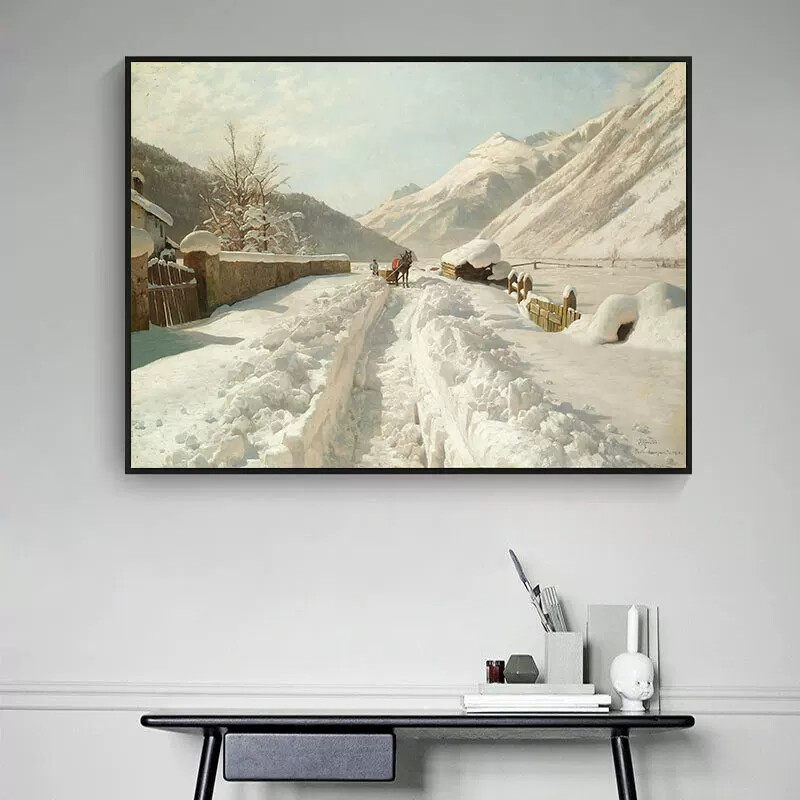 乡村田园风景油画大师蒙森德名画雪景装饰画客餐厅办公室玄关挂画
