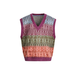 咕噜喔 复古多巴胺毛线背心羊毛混纺针织衫民族风撞色V领毛织马甲