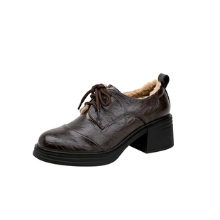 真皮版~加绒高跟小皮鞋女2025秋冬新款英伦风单鞋厚底棕色乐福鞋