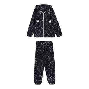 馨帮帮Homedress 碎花连帽法兰绒睡衣套装女款冬季加绒保暖家居服