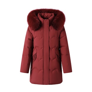 鸭鸭2025新款红色狐狸毛领中长款羽绒服女加厚保暖防寒妈妈外套