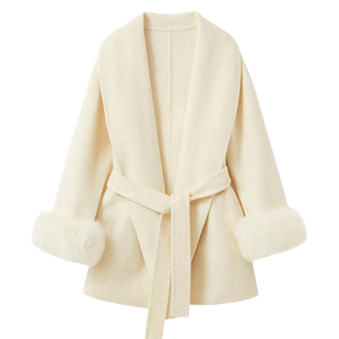 DPLAY【黑标】白月光大衣100羊毛白色毛呢外套狐狸毛双面尼大衣