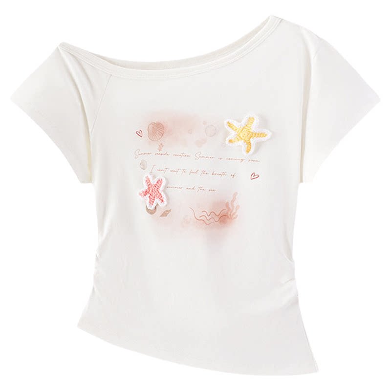 森马图案显瘦斜肩短款短袖T恤女