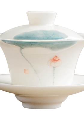 可悬停手绘羊脂白玉三才盖碗茶具