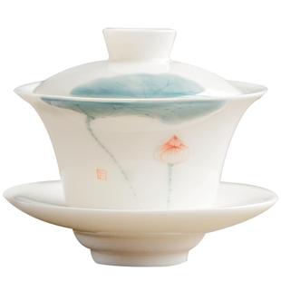 手绘羊脂玉三才盖碗可悬停泡茶白瓷单个悬浮敬茶茶杯陶瓷功夫茶具
