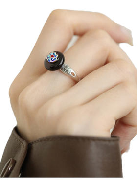 925银新中式国潮圆形琥珀戒指女