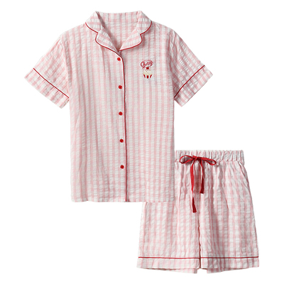 tutuanna夏季全棉睡衣女 双层纱撞色格子甜点贴布绣短袖家居服女
