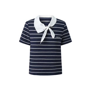 HERLIAN 2025夏季新品女士领口系带蝴蝶结短袖条纹针织衫T恤上衣