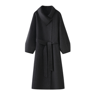 2025秋冬款灰色双面羊绒大衣女中长款宽松赫本风羊毛呢外套15801