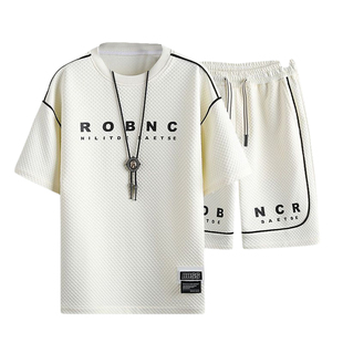 夏季新款男士华夫格套装时尚休闲百搭潮流印花短袖T恤短裤两件套