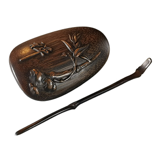 复古老竹茶则两件套天然竹制赏茶荷纯手工浮雕禅意六君子茶拨茶针