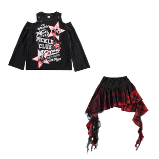 爵士舞服女童韩版长袖T恤格子短裙jazz舞蹈练功服韩舞街舞演出服