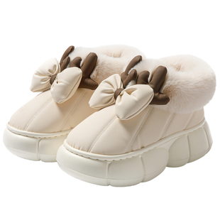 厚底包跟棉拖鞋女室内时尚百搭PU皮拖鞋冬季加厚保暖棉鞋防滑外穿